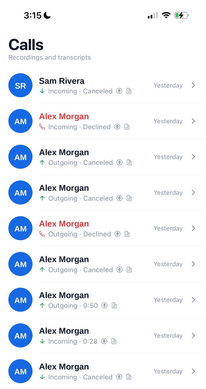 Calls list showing recordings and transcripts