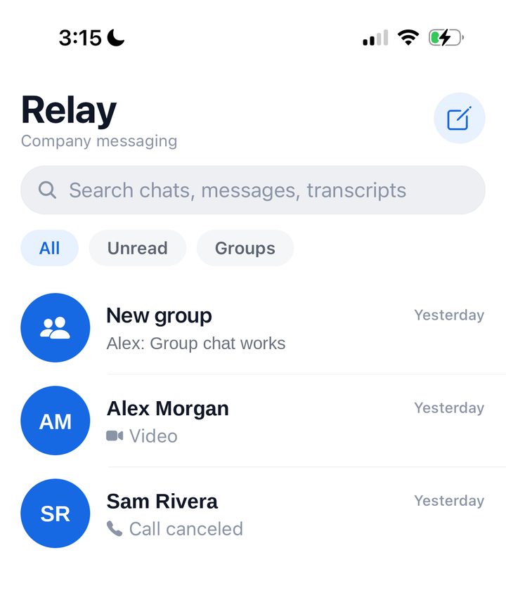 Relay chat list with search across chats, messages and transcripts