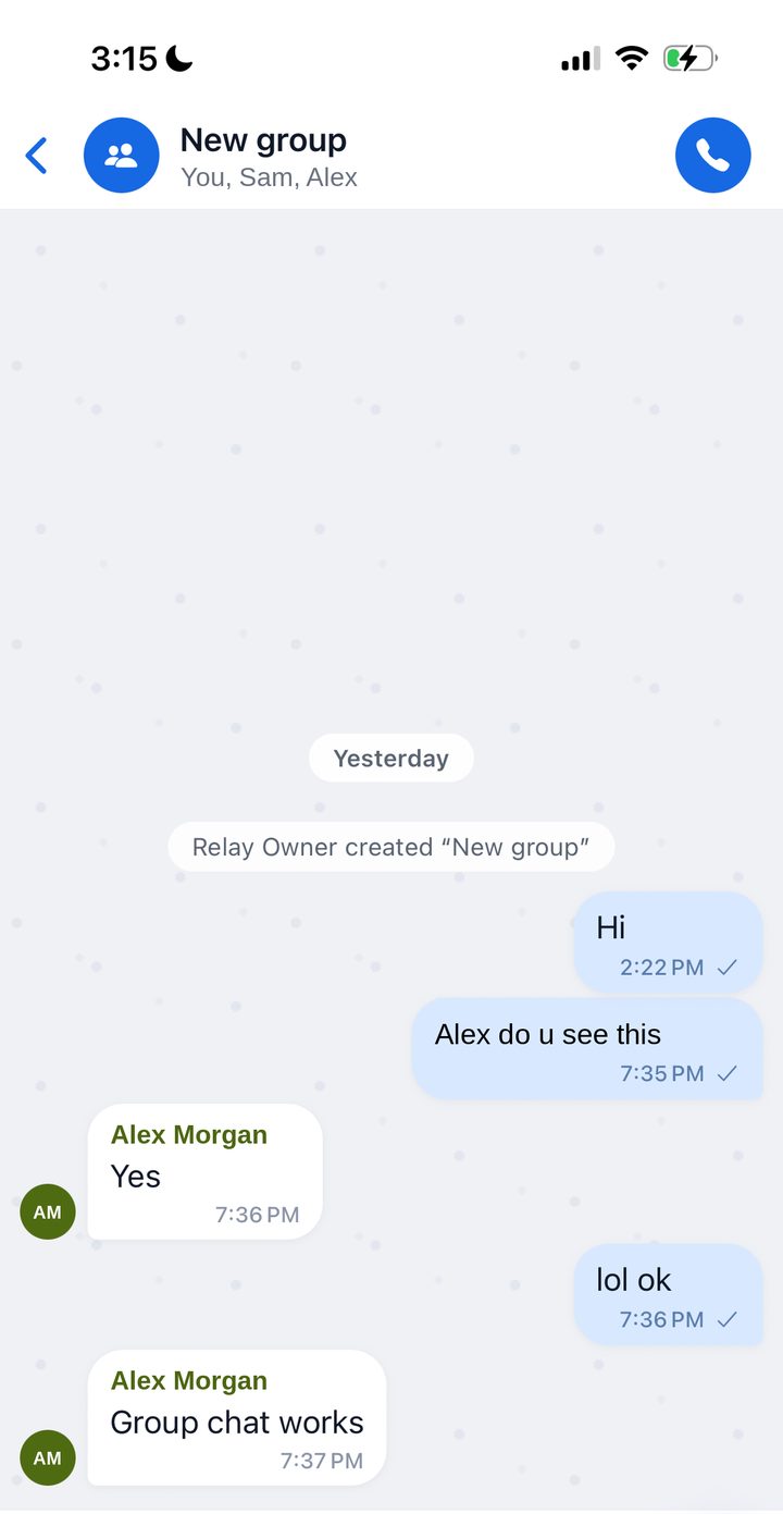 A Relay group chat with a call button in the header